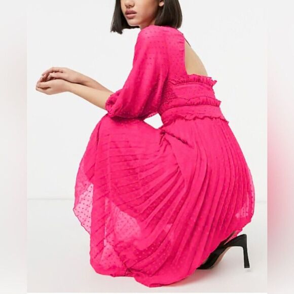 ASOS DESIGN Textured Pleated Shirred Midi Dress Hot Pink size 0 Smocked - Picture 2 of 11